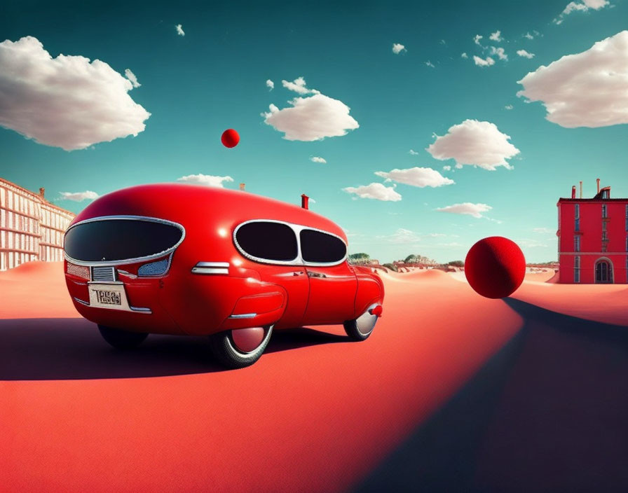 Futuristic red spherical car in desert landscape with bubble windows