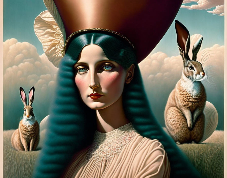 Surreal portrait of woman with elongated neck and rabbits against cloudy backdrop