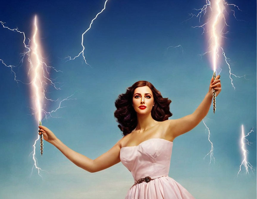 Empowered woman in pink dress with lightning bolts on blue background