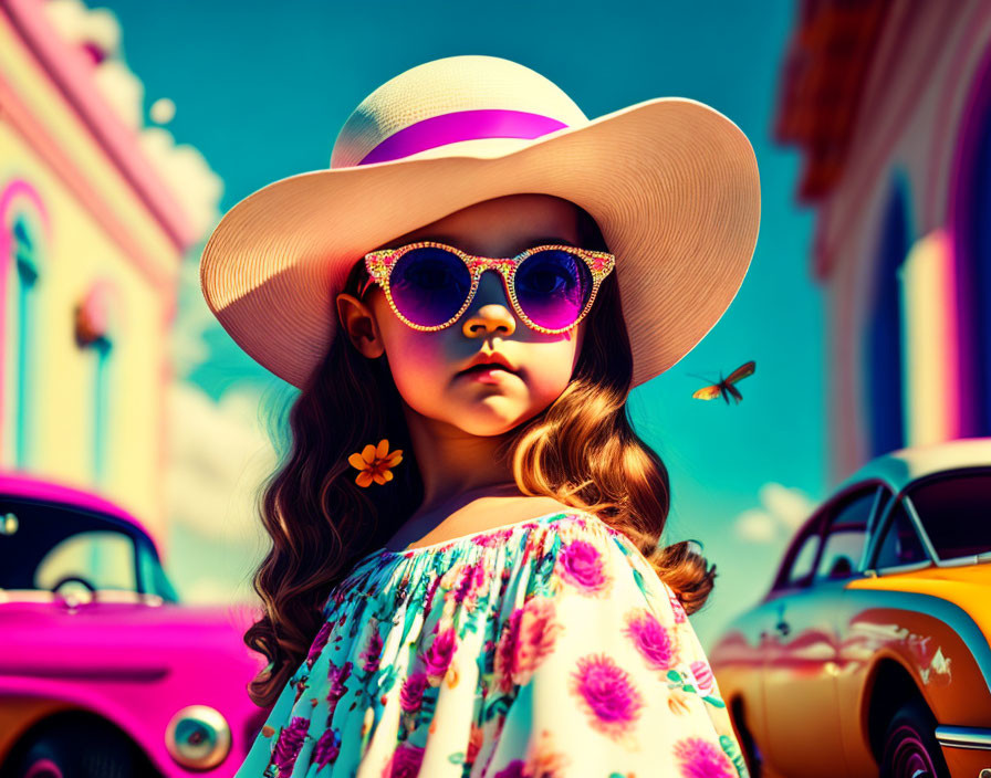 Fashionable young girl in floral dress and heart-shaped sunglasses near vintage cars.