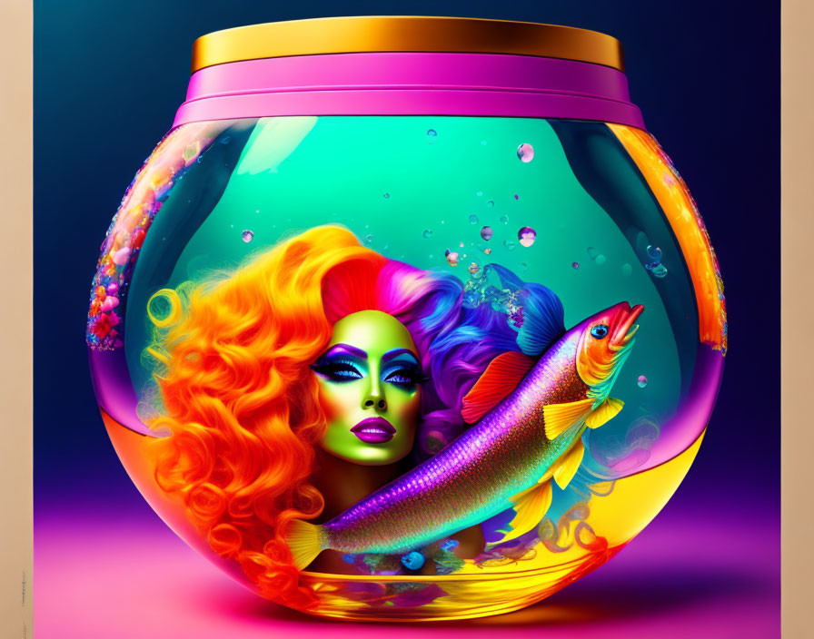 Colorful Artwork: Woman's Face with Fish in Fishbowl on Gradient Background