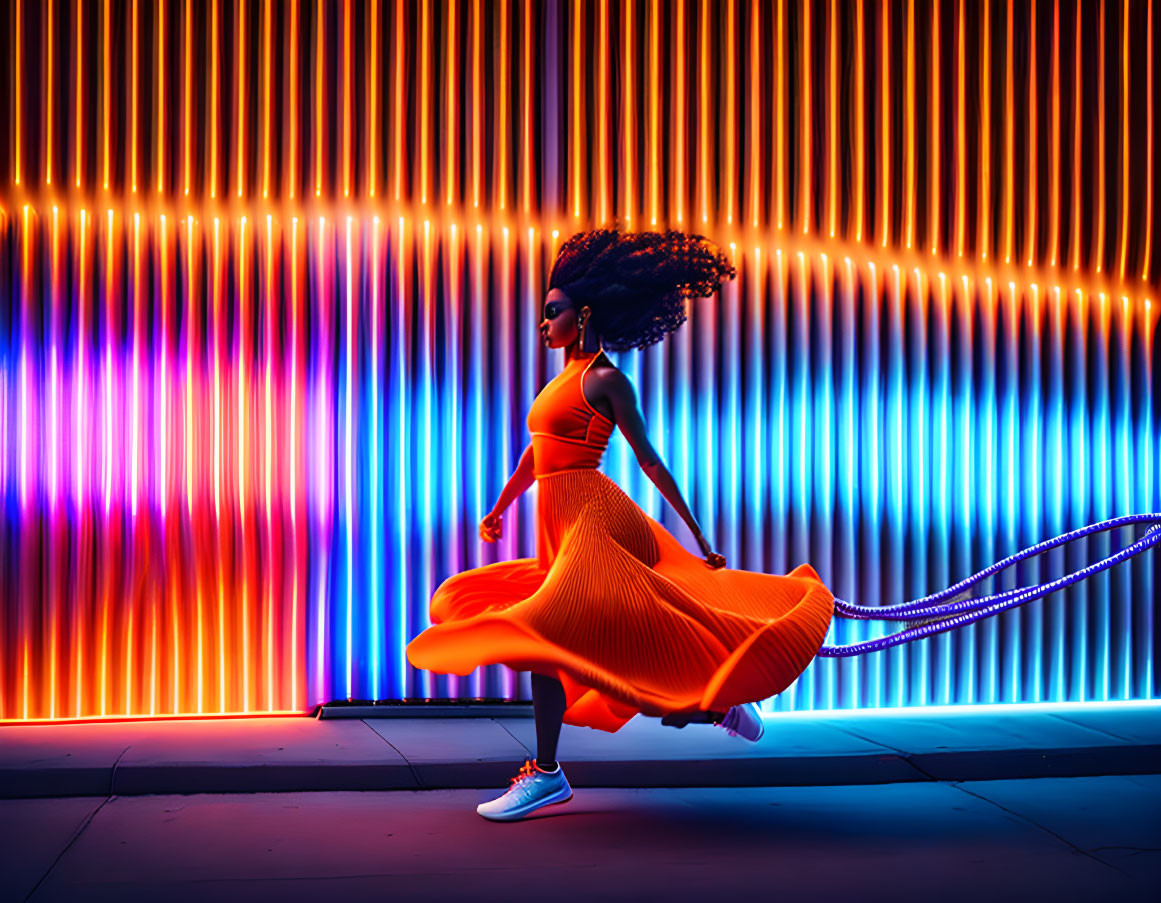 Confident woman in orange dress and sneakers in neon-lit setting.