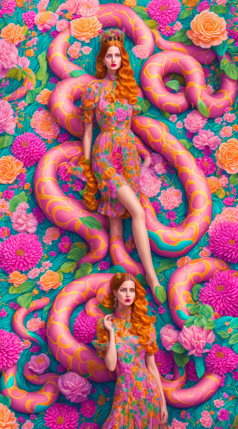 Colorful Illustration: Two Women, Pink Serpent, Roses