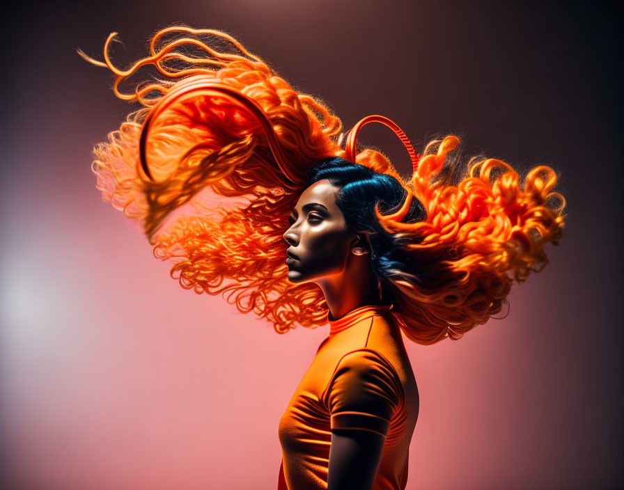 Vibrant orange-haired woman in mid-motion on pink backdrop