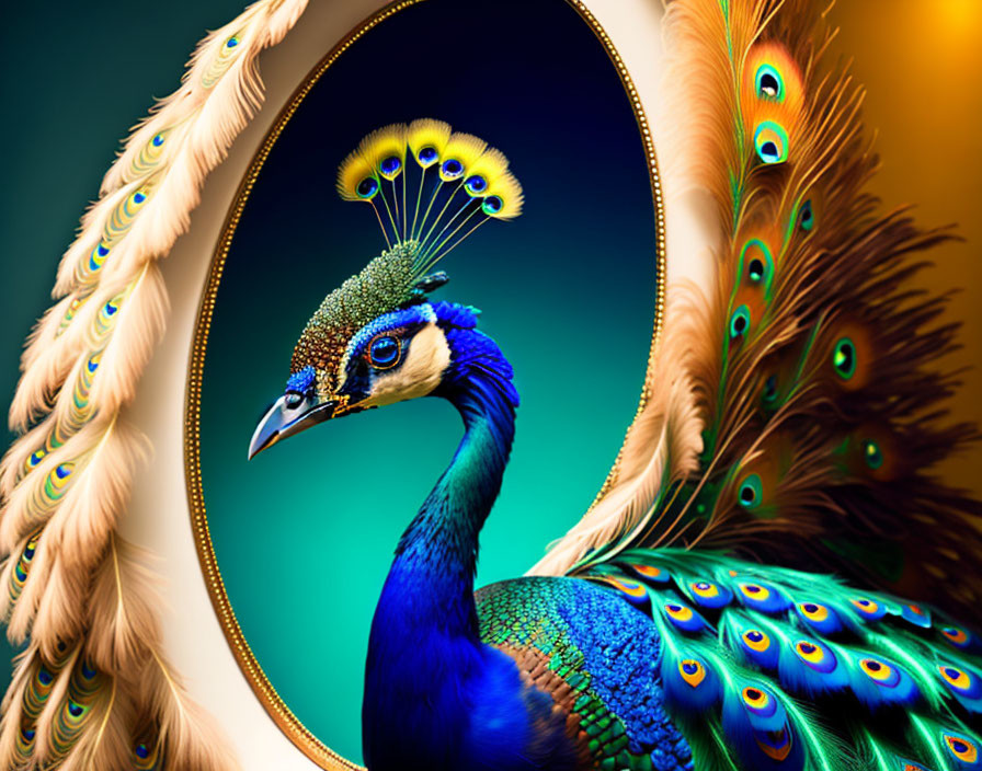 Colorful peacock feathers mirrored against emerald background