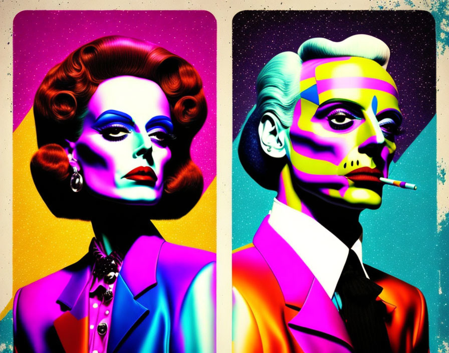 Retro-style pop art portraits of woman and man with bouffant hairstyle and pencil mustache on