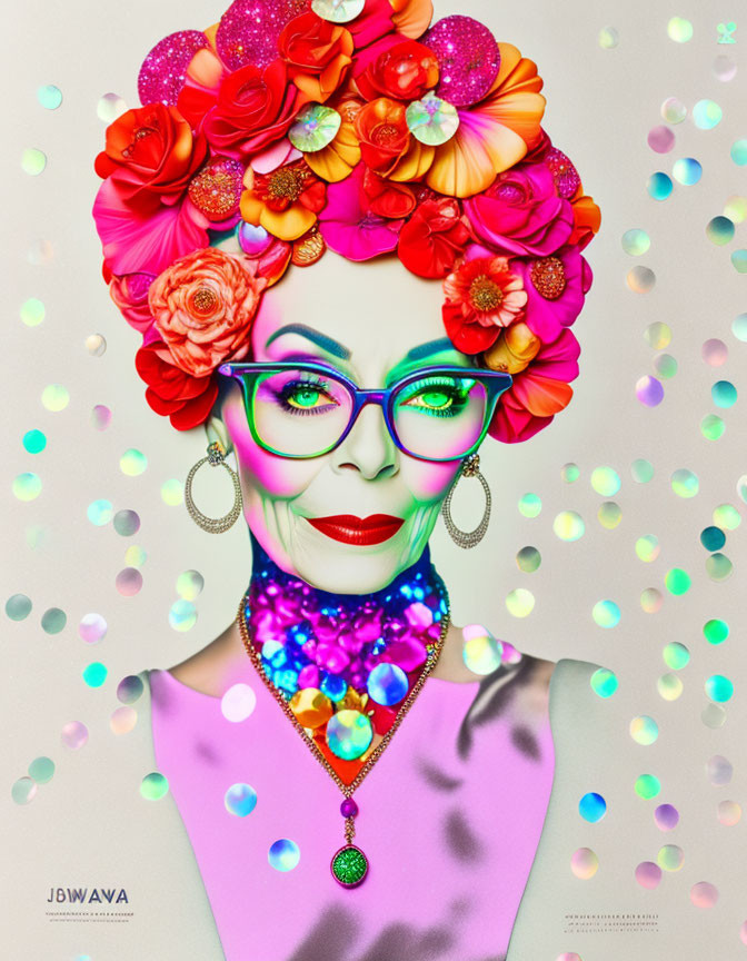 Vibrant portrait of a woman with floral headpiece, green glasses, and bubbles.