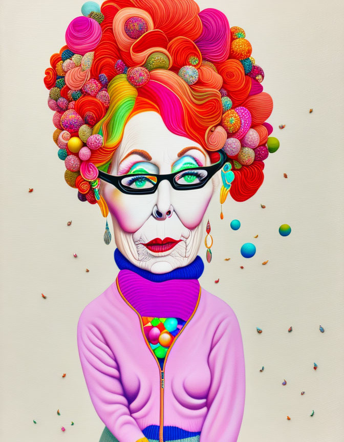 Colorful Woman with Technicolor Hair and Sweet-themed Attire