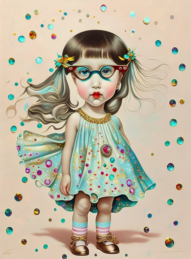 Whimsical girl illustration in pastel dress with large glasses