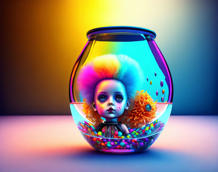 Vibrant digital artwork of glass fishbowl with doll's head and flowers