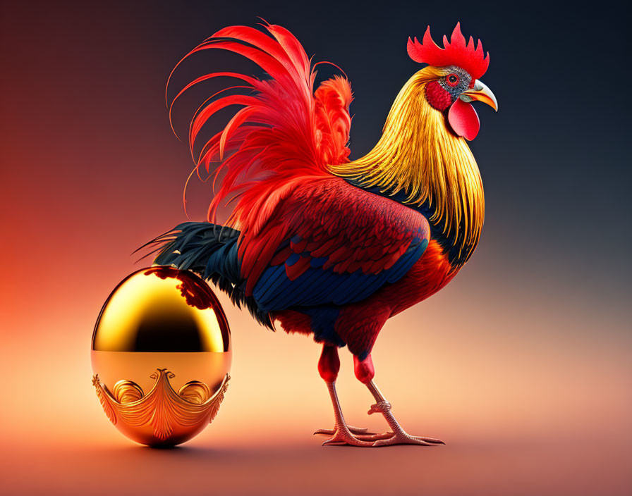 Colorful Rooster with Golden Egg Illustration