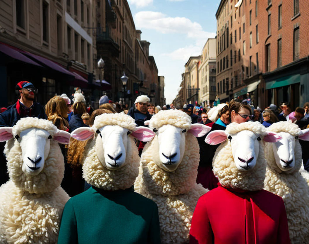 Colorful Coated People in Sheep Masks Parade Through Urban Street