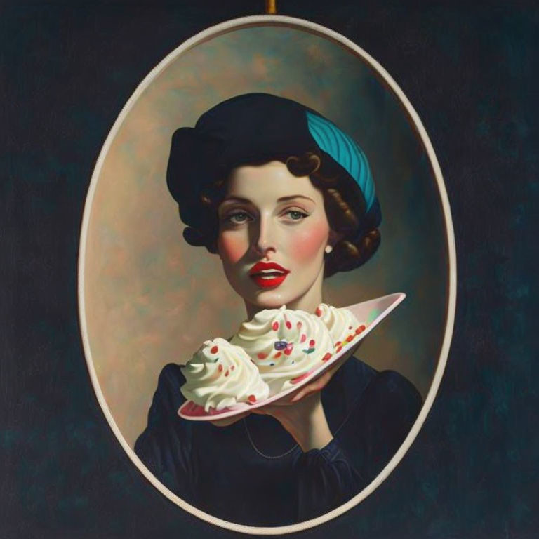 Vintage Woman Portrait with Stylish Hat and Whipped Dessert Plate on Oval Canvas