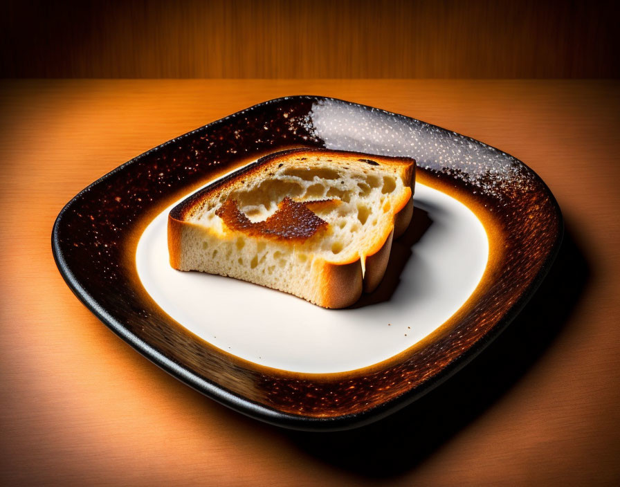 Freshly Toasted Bread Slice on Dark Plate with Wooden Background