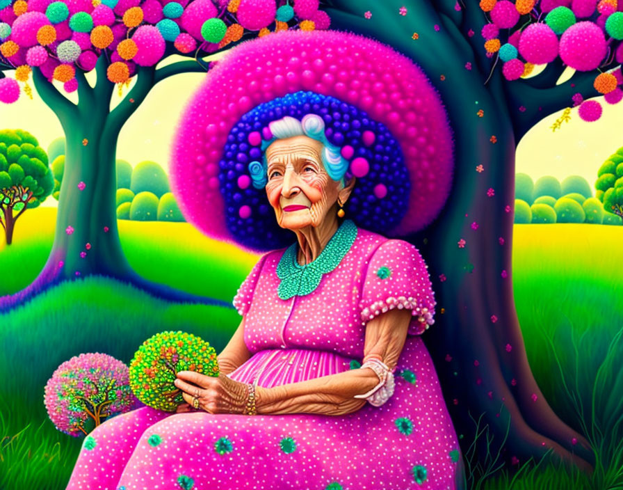 Elderly woman in pink polka dot dress under whimsical tree