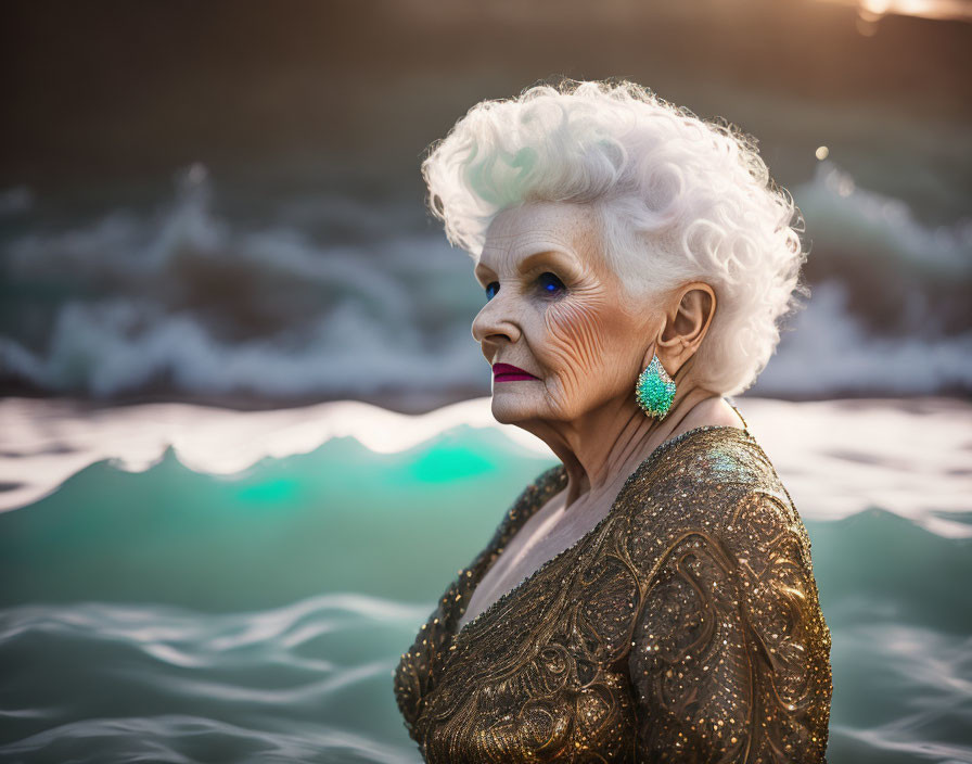 Elderly woman in sequined dress gazes into the distance