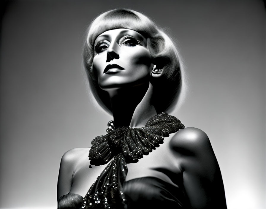 Monochromatic portrait of woman with bob haircut and beaded necklace