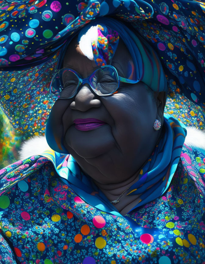 Smiling woman in colorful outfit and polka dots under speckled light