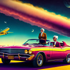 Elderly couple in stylish attire in purple convertible under vibrant sky.