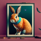 Realistic brown rabbit illustration with glowing blue accents on cosmic background.