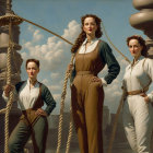 Vintage attired women in front of large scale with cloudy background.