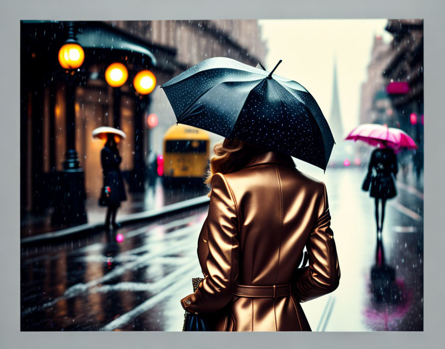 Person in Tan Coat with Black Umbrella on Rainy City Street