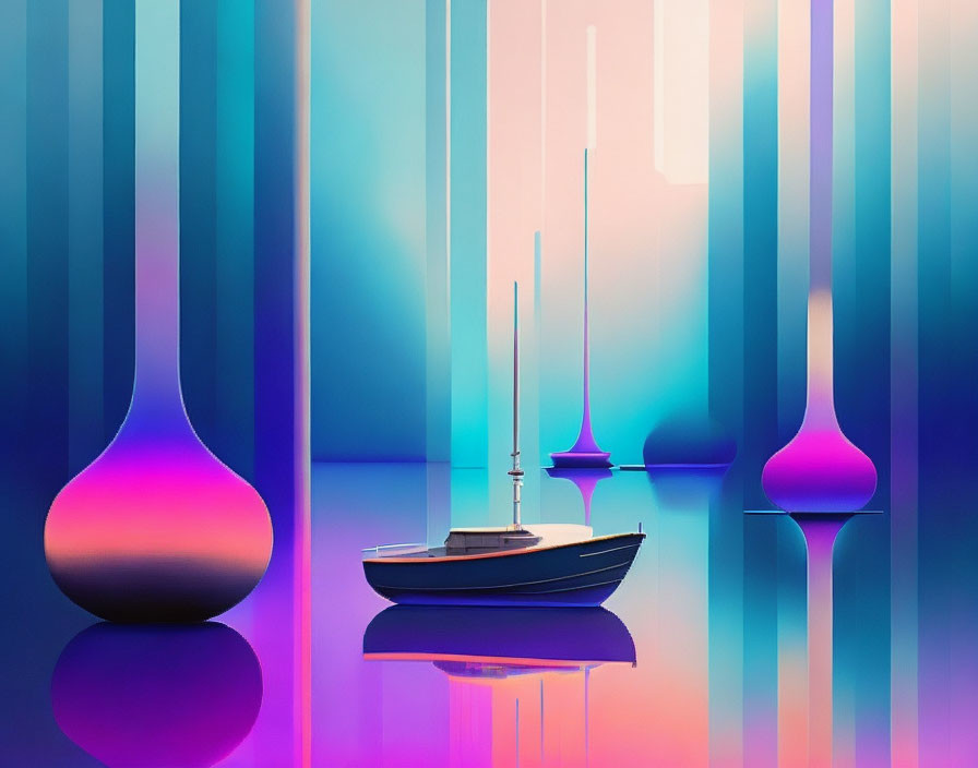 Digital Art: Serene Boat Scene with Colorful Abstract Shapes