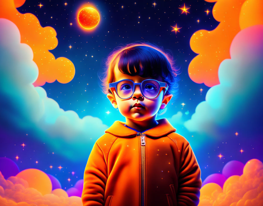 Child in glasses hoodie against cosmic backdrop