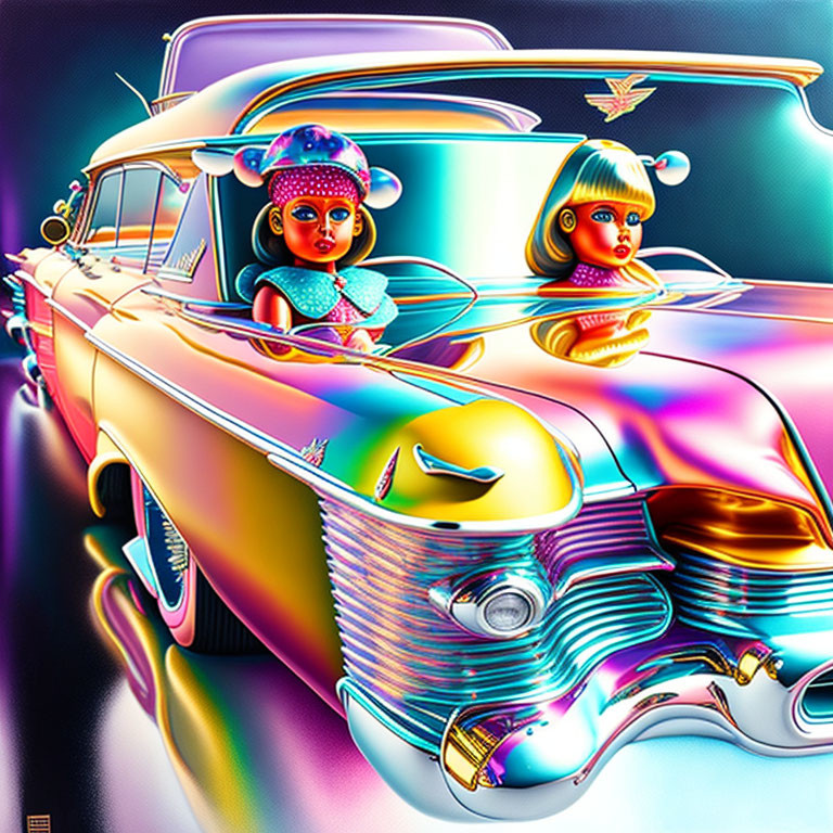 Vibrantly colored stylized dolls in retro outfits with surreal classic car on neon backdrop