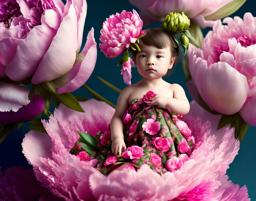 Toddler with pink peonies in floral dress on teal background