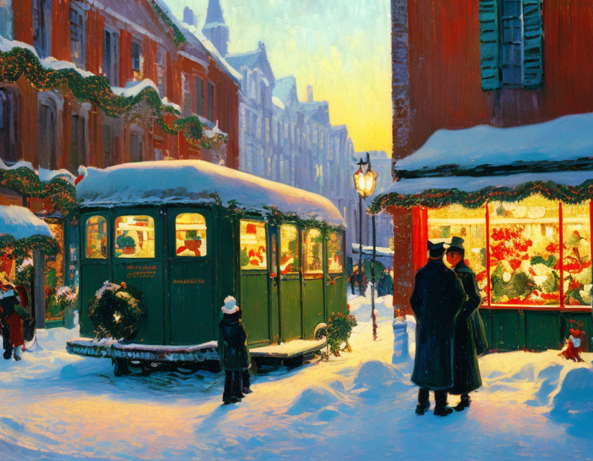 Vintage winter scene with green tram, snowy streets, festive shop window.