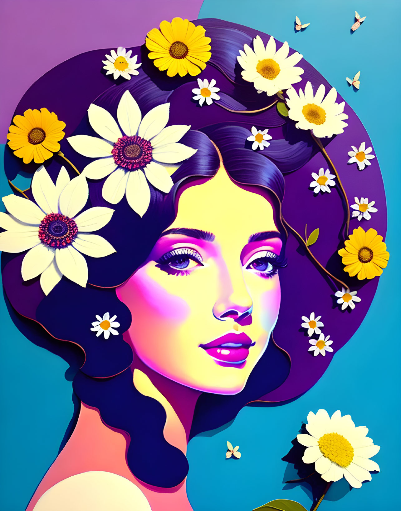 Vibrant illustration of woman with flowers and butterflies on two-tone background