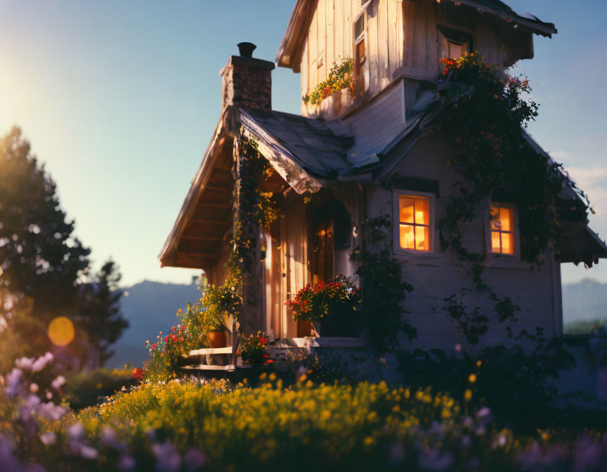 Cozy wooden house with illuminated interior amidst sunset flowers