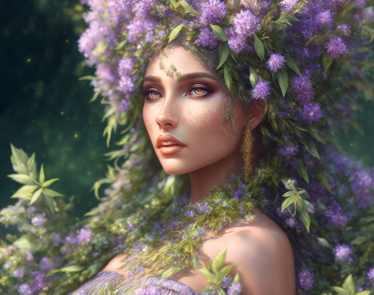 Digital artwork: Woman with floral headdress and nature-inspired makeup