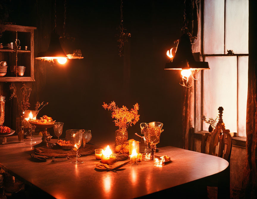 Rustic dining setting with candles, goblets, centerpiece, and window backdrop