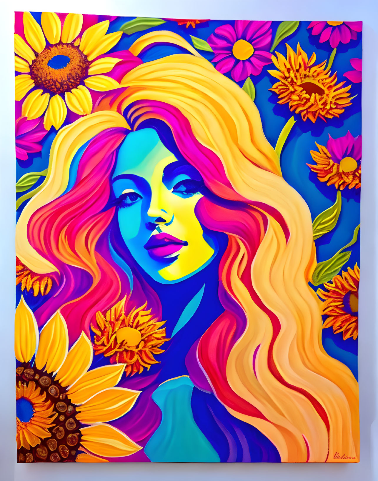 Colorful Artwork: Stylized Woman's Face Surrounded by Flowers