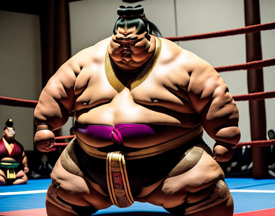 Traditional sumo wrestler in mawashi with referee in the ring