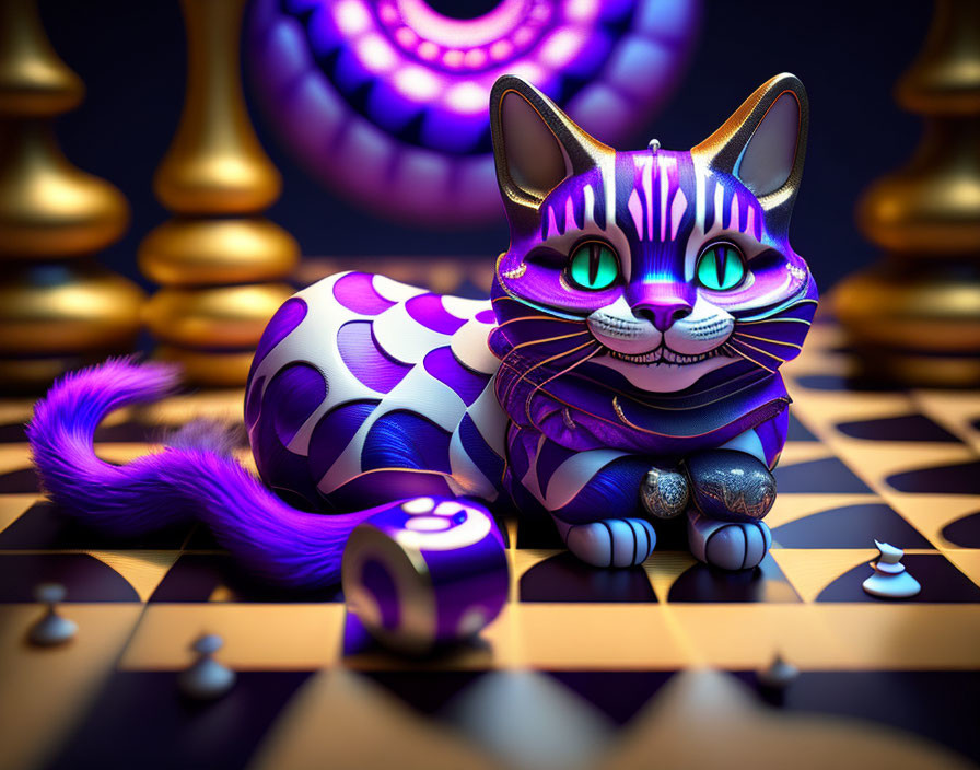 Colorful 3D artwork: Fantastical purple-striped cat with green eyes on checkered floor