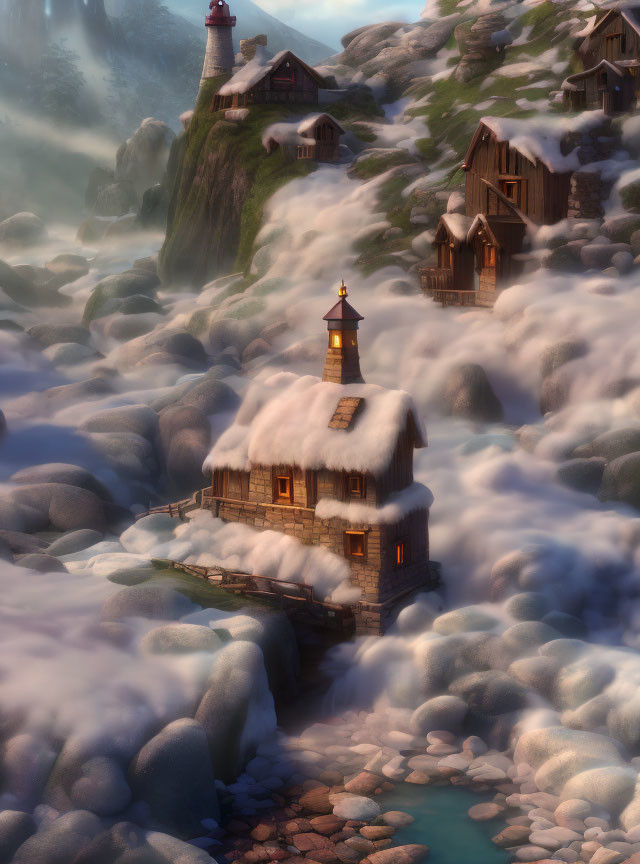 Snow-covered village with cozy houses and lighthouse on hill