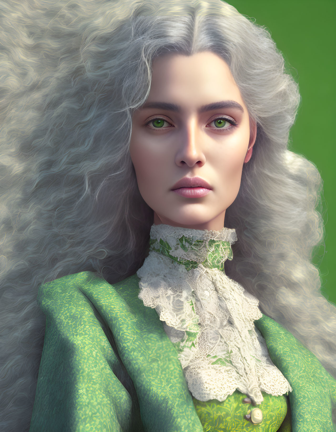Woman with Curly Grey Hair and Green Eyes in Green Jacket Portrait
