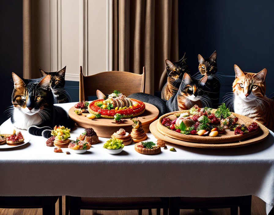 Four Cats Dining at Table with Gourmet Food