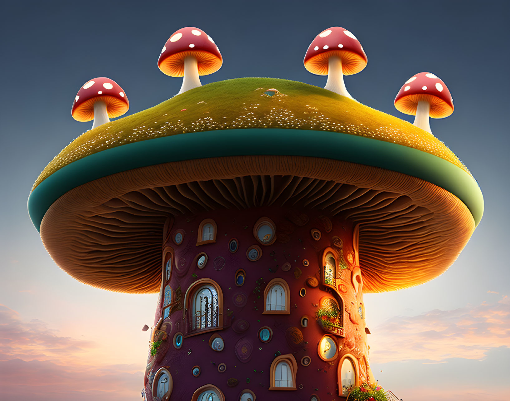 Mushroom-shaped house with smaller mushrooms under twilight sky