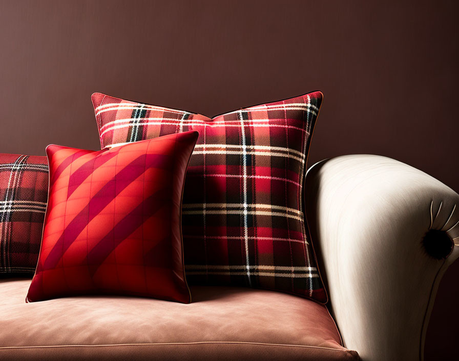 Plaid Pattern Decorative Pillows on Peach Sofa