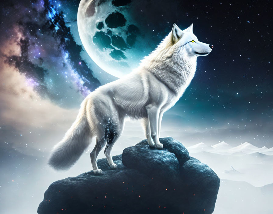 White Wolf on Rock Against Starry Sky with Moon and Mountains