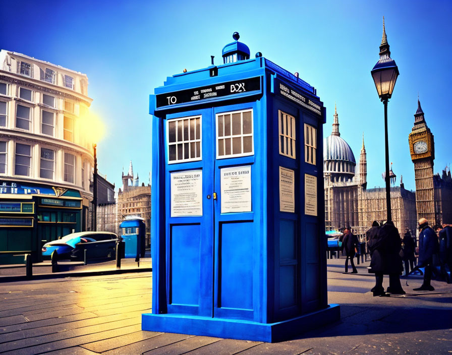 Iconic blue police box in sunny city scene with Big Ben and clear sky.