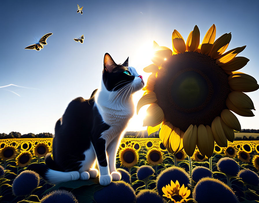 Black and white cat among sunflowers watching butterflies on sunny day