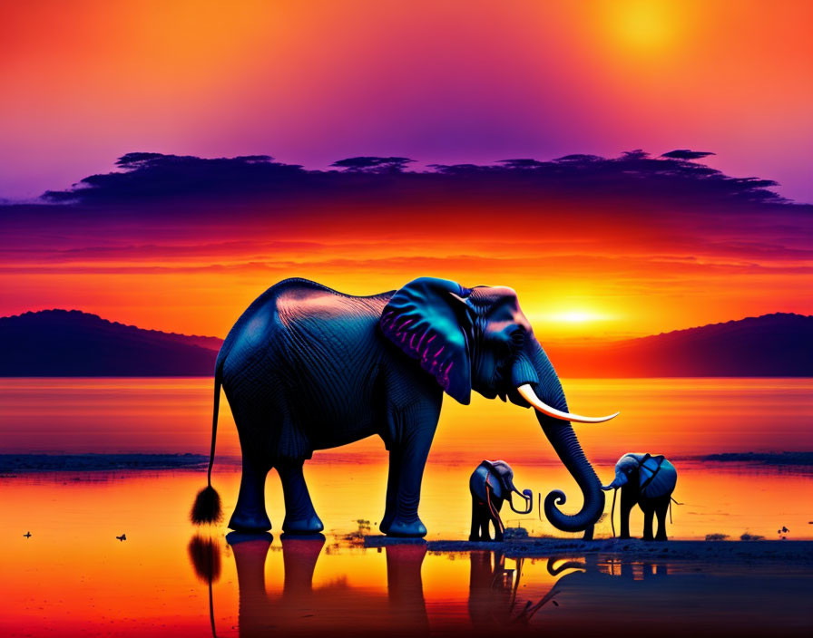 Vivid Orange and Purple Sunset with Silhouetted Elephants