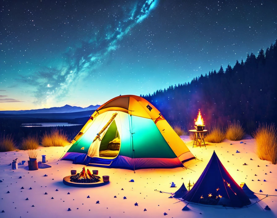 Night Camping Scene with Lit Tent, Campfire, and Starry Sky