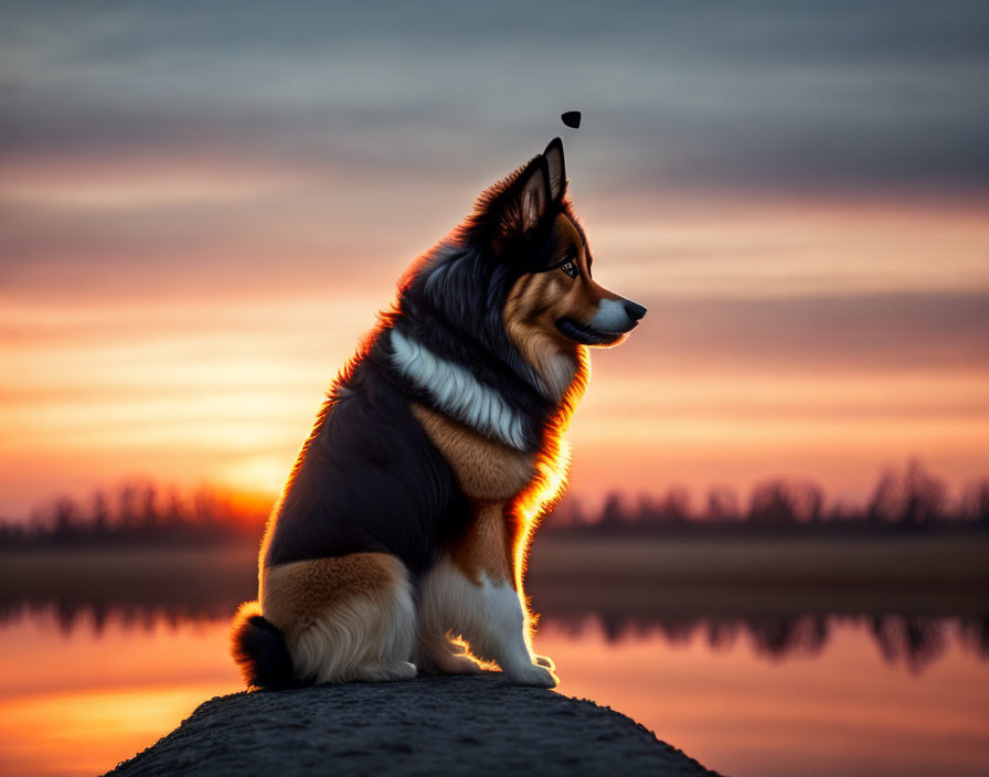 Tricolor Welsh Corgi sitting by water at sunset