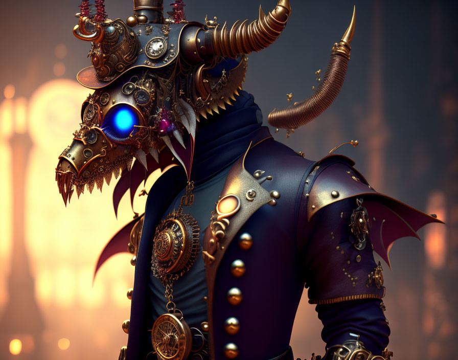 Steampunk-inspired character in intricate armor with horns and glowing blue eye.